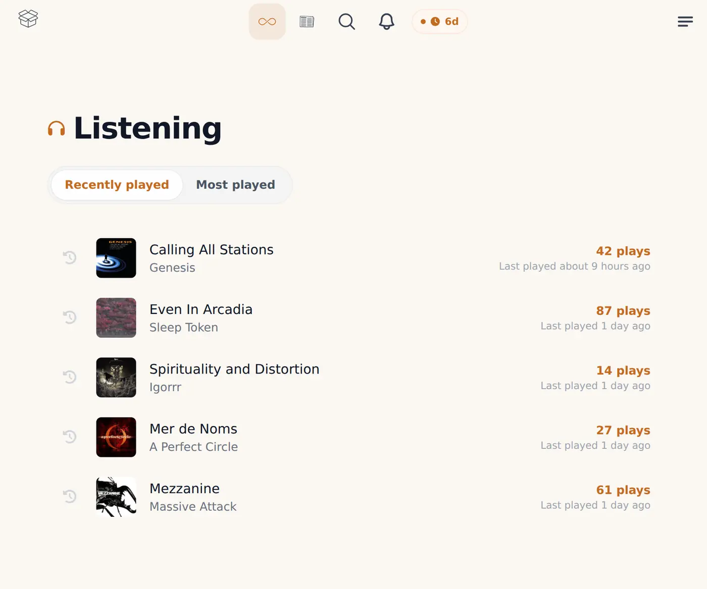 The Listening page with play counts