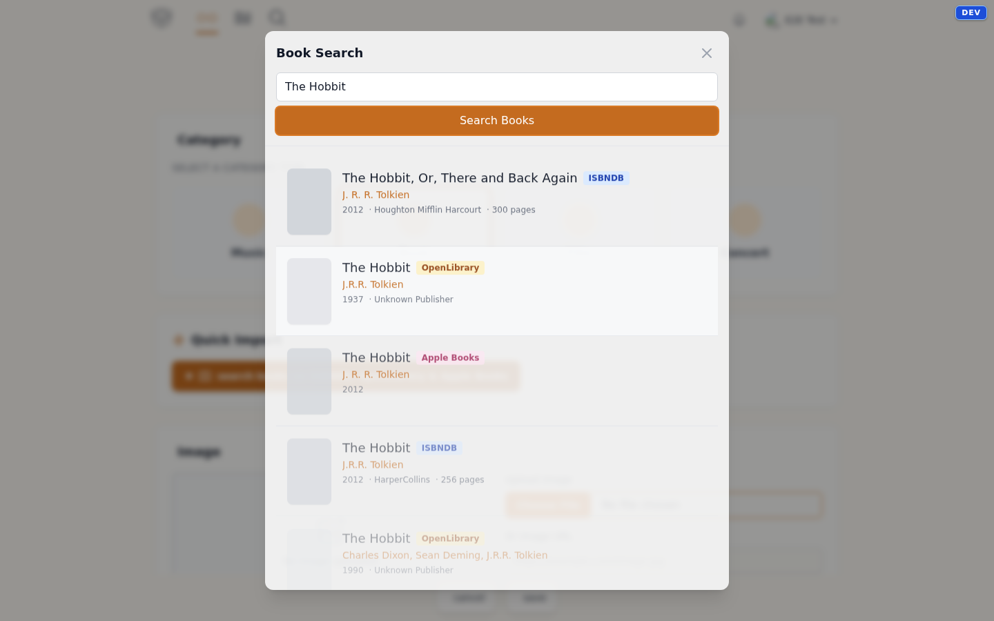 The book search panel with live results from ISBNDB, OpenLibrary, and Apple Books
