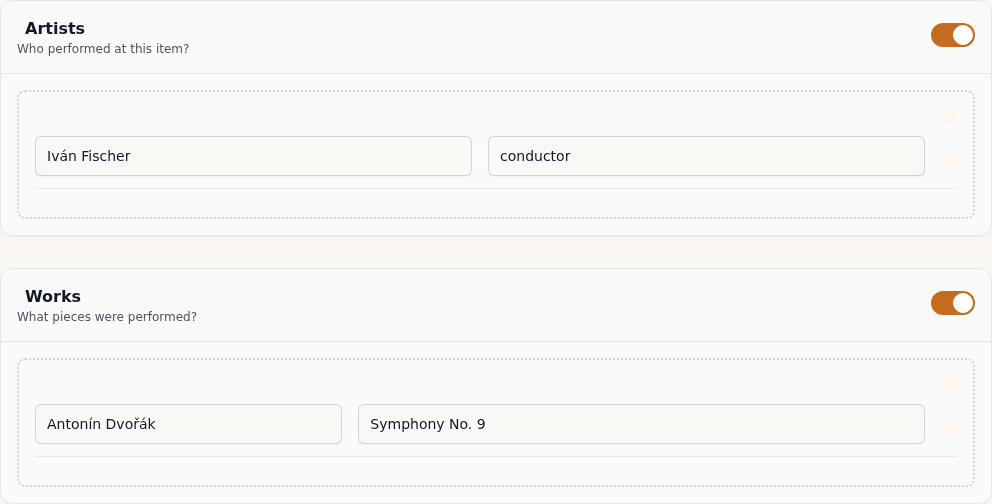 The Artists and Works blocks on the concert form, each with one entry filled in