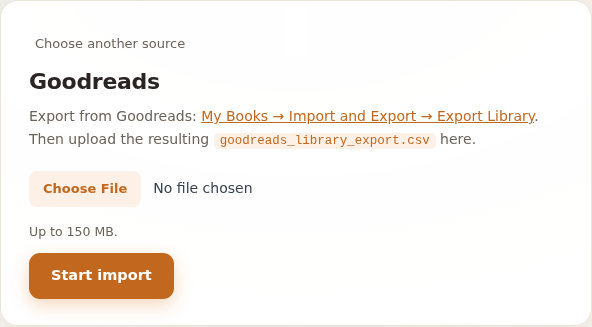 The Goodreads panel on the import page, with the file picker