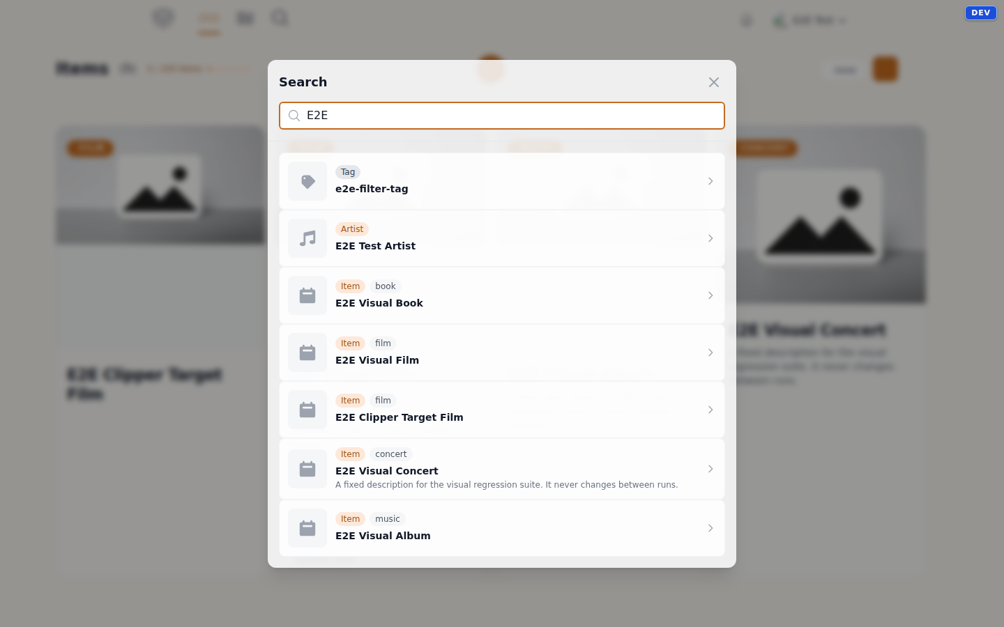 The search modal, with results grouped by tag, artist, and item