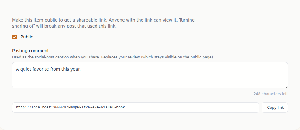 The Sharing block, with the Public switch on and the link ready to copy
